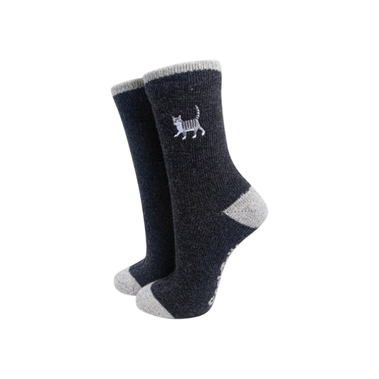 Grey Cat Embroidered Wool Socks in Charcoal