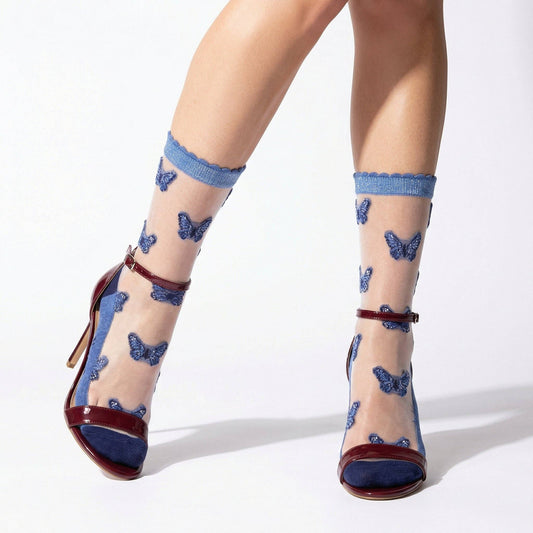 Blue Butterflies Combed Cotton Sheer Pop Socks