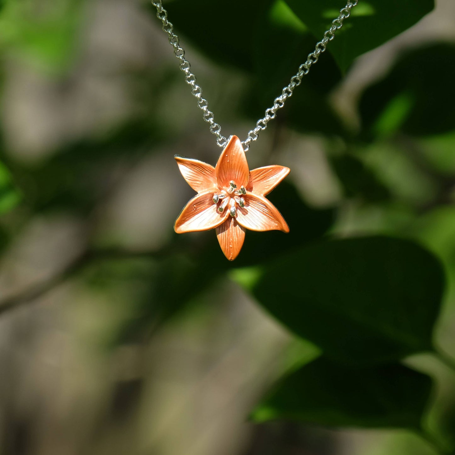 Orange Tiger Lily Flower Pendant Necklace