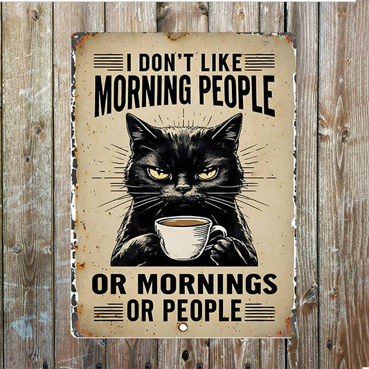 I Don't Like Morning People Cat Coffee Metal Sign Plaque 6x8inch
