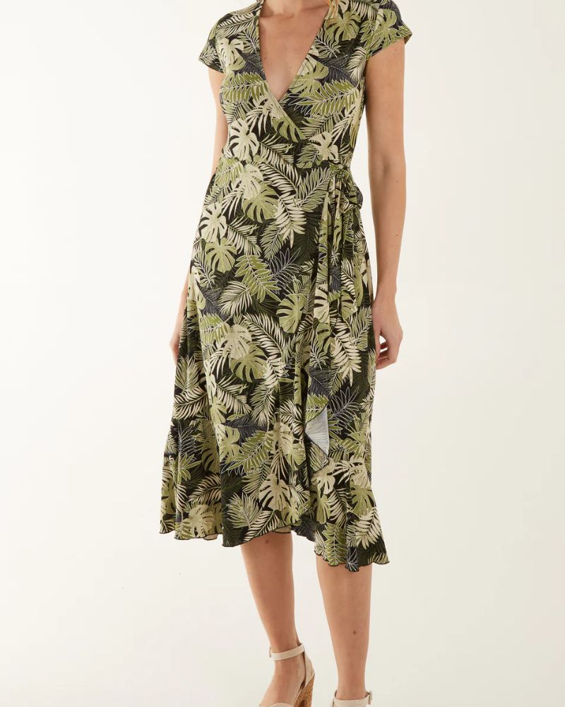 Tropical Leaf Wrap Dress