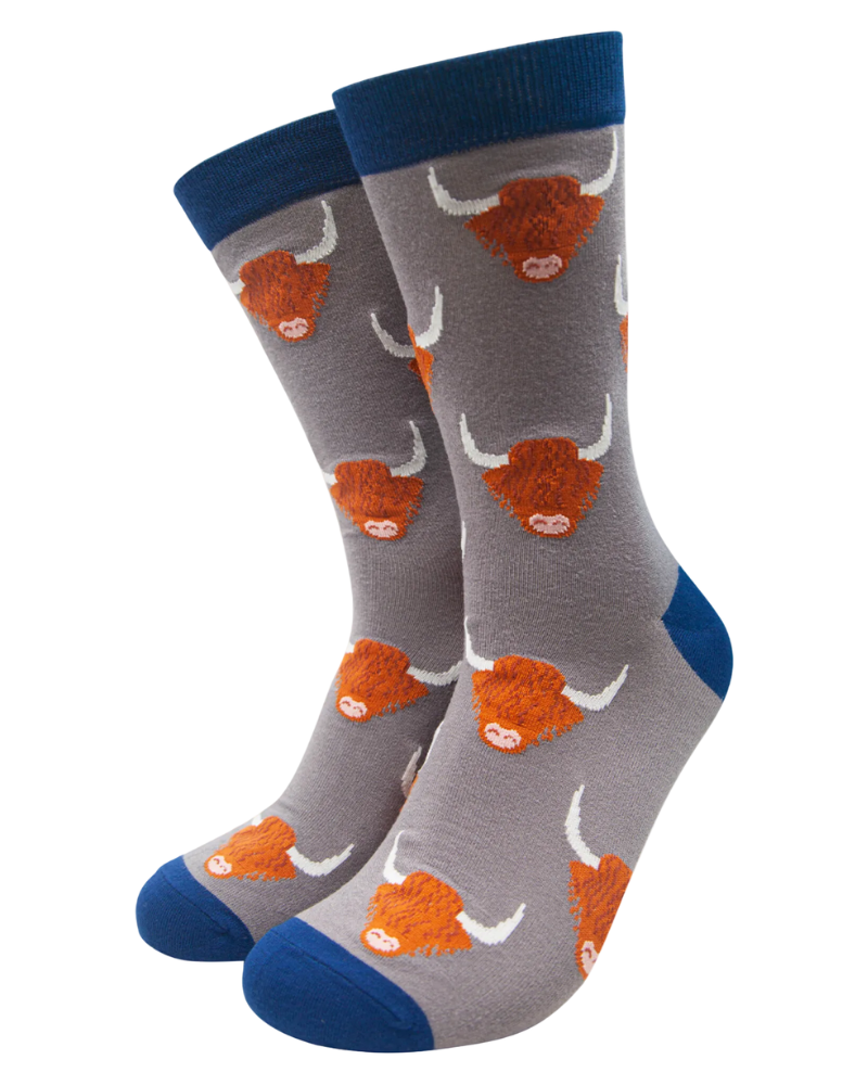 Grey Highland Cow Bamboo Crew Socks