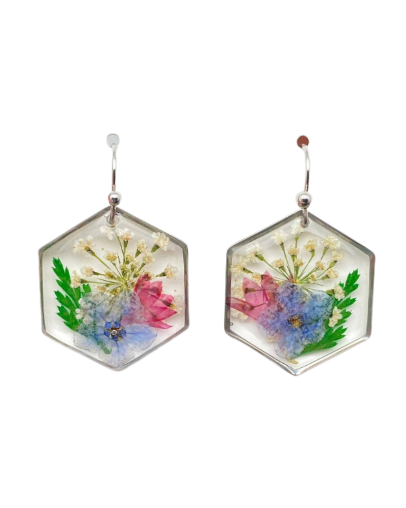 Genuine Pressed Dried Flower Hexagon Charm Earrings