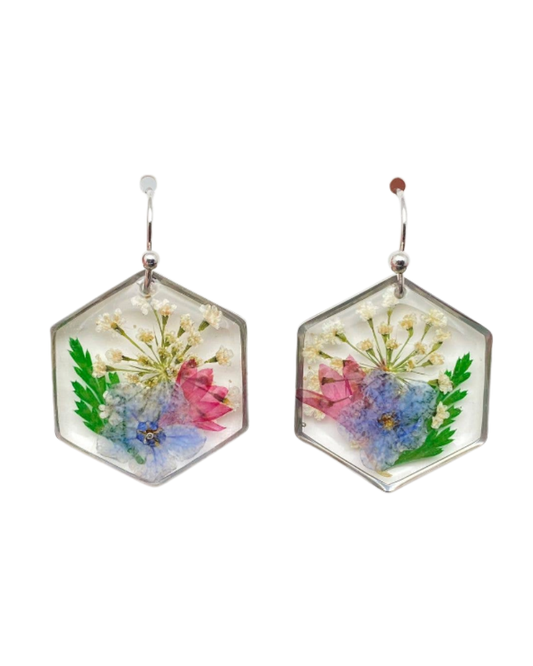 Genuine Pressed Dried Flower Hexagon Charm Earrings