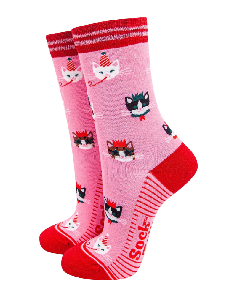 Pink Party Cats Bamboo Crew Socks