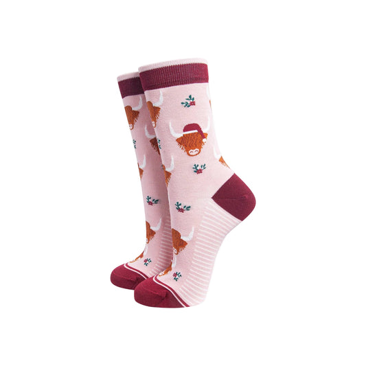 Christmas Highland Cow  Women's Bamboo Socks in Soft Pink