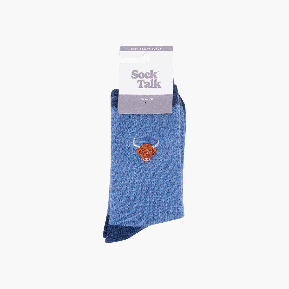 Highland Cow Embroidered Wool Socks in Denim Blue