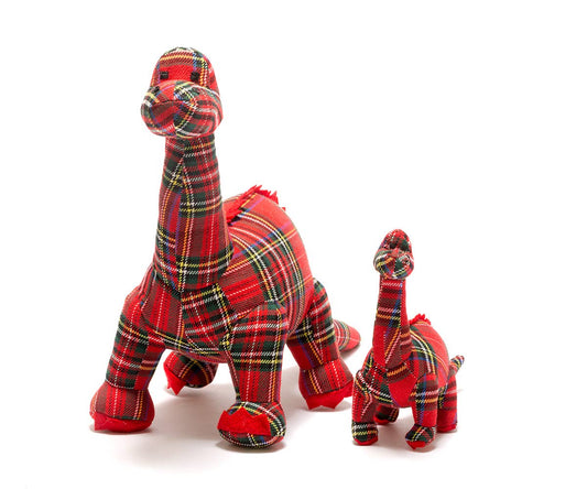 Diplodocus Dinosaur Baby Rattle in Red Tartan