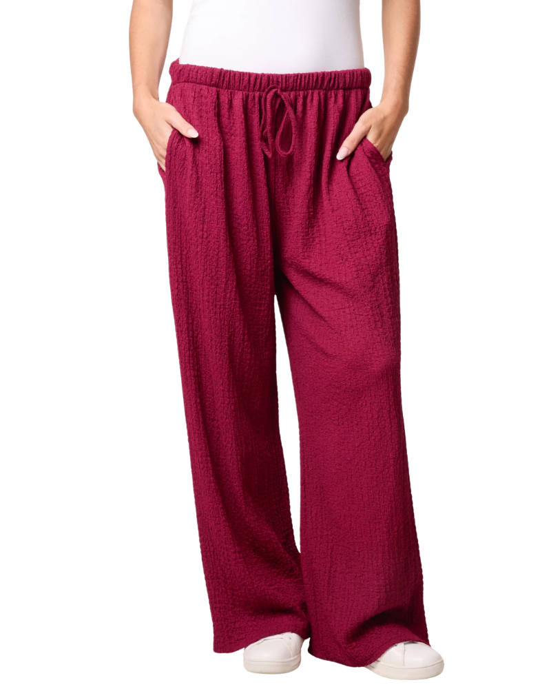 Crinkled Essential Wide Leg Trousers in Burgundy
