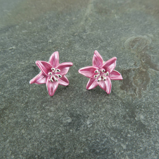 Lily Pink Star Gazer Flower Stud Earrings