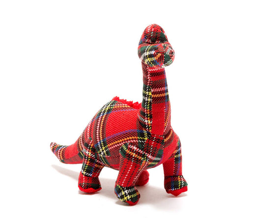 Diplodocus Dinosaur Baby Rattle in Red Tartan