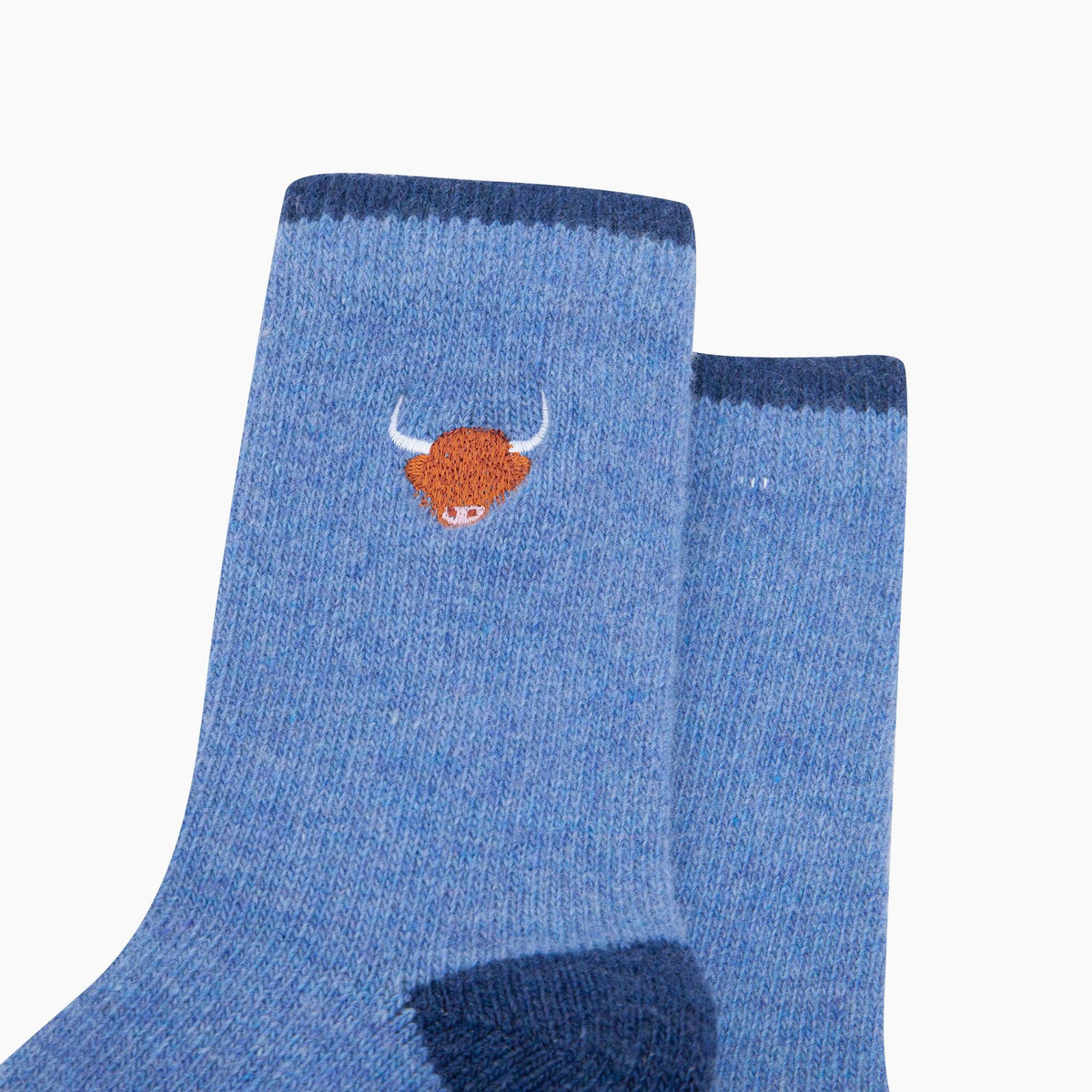 Highland Cow Embroidered Wool Socks in Denim Blue