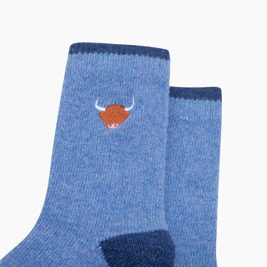 Highland Cow Embroidered Wool Socks in Denim Blue