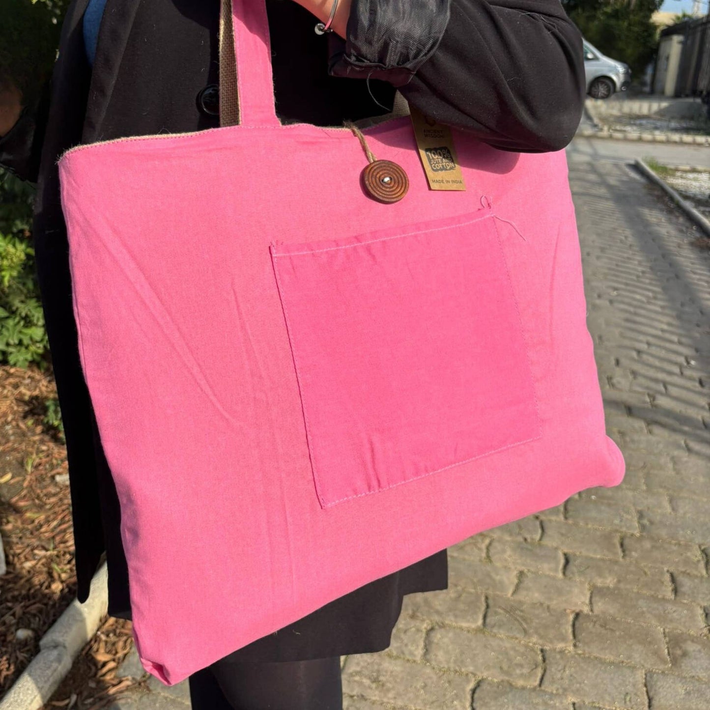 Jute & Cotton Reversible Big Bag in Pink