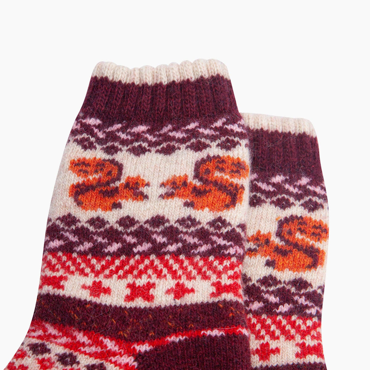 Squirrel Patterned Wool Socks in Cream/Burgundy