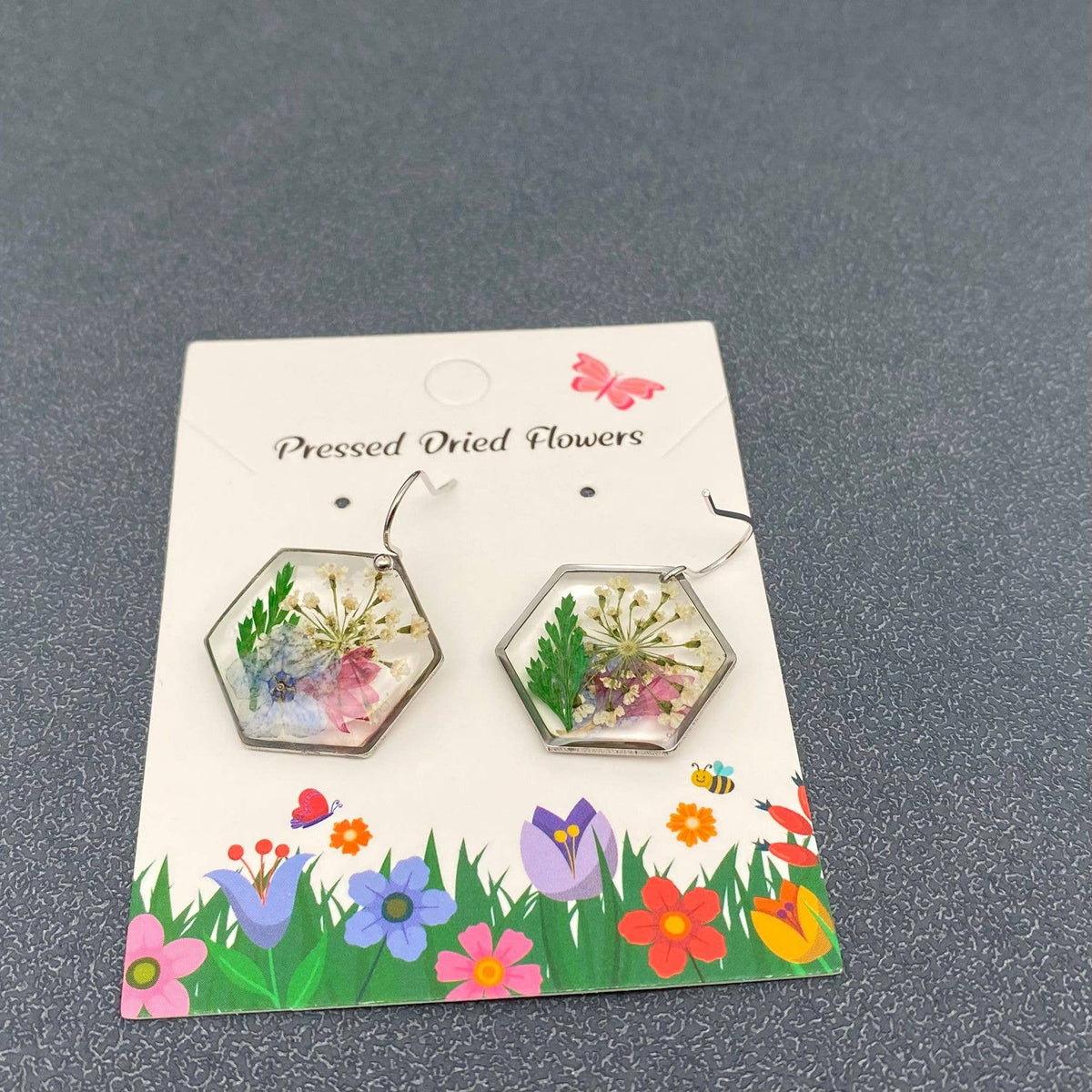 Genuine Pressed Dried Flower Hexagon Charm Earrings
