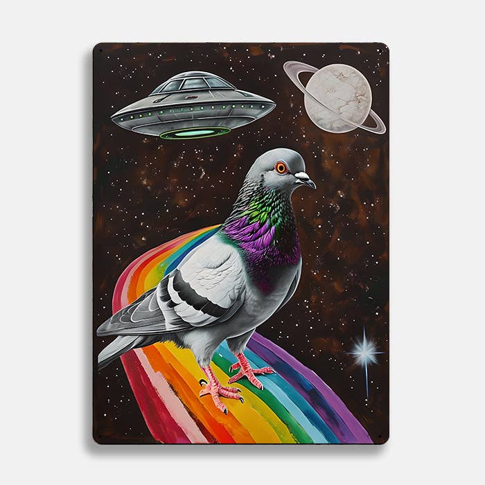Cosmic Space Pigeon Metal Wall Sign Plaque 6x8inch