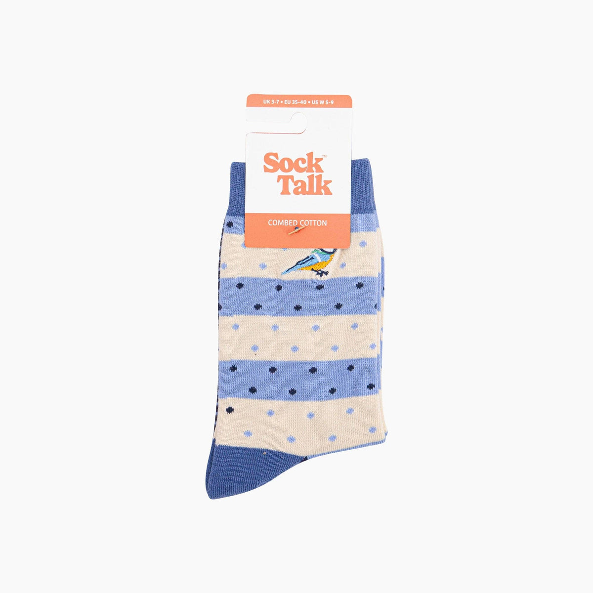 Embroidered Blue Tits Combed Cotton Socks in Blue