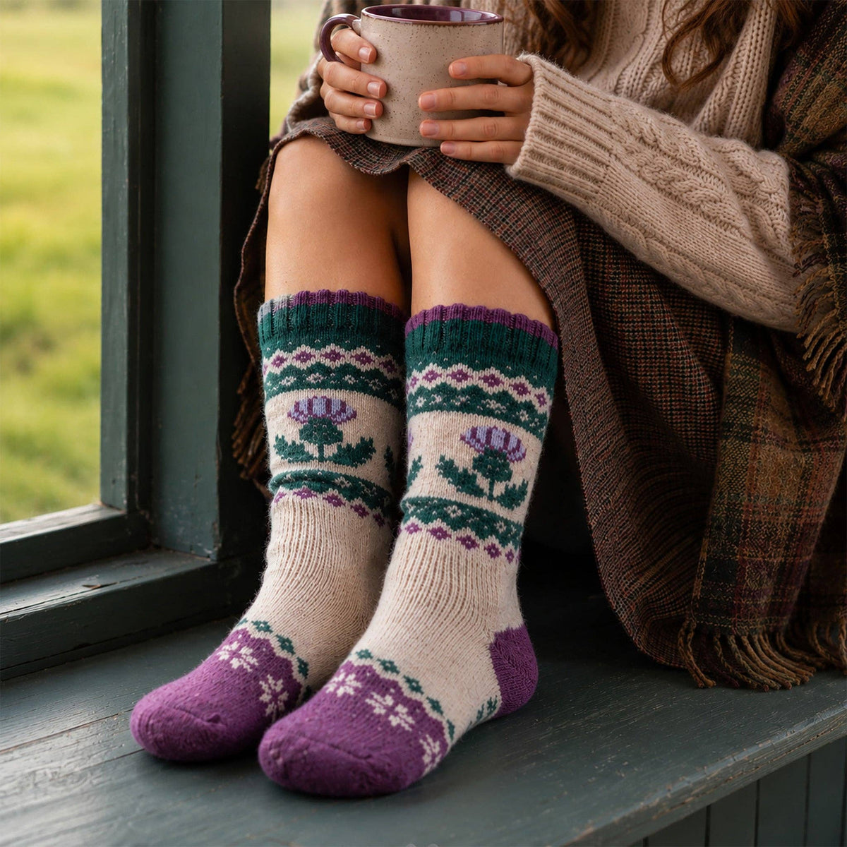 Thistle Patterned Wool Socks in Cream/Green
