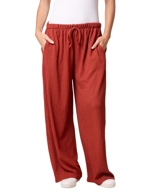 Crinkled Essential Wide Leg Trousers in Rust