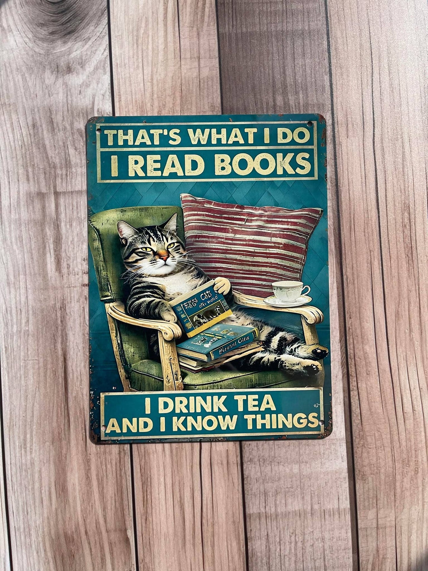 Read Books Drink Tea Know Things Cat Metal Sign Plaque: 6x8inch
