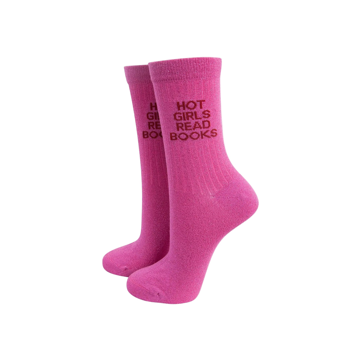 Hot Girls Read Books Combed Cotton Glitter Socks in Hot Pink