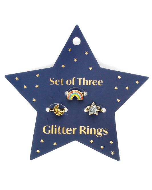 Star, Rainbow & Moon Glitter Rings (Set of 3)