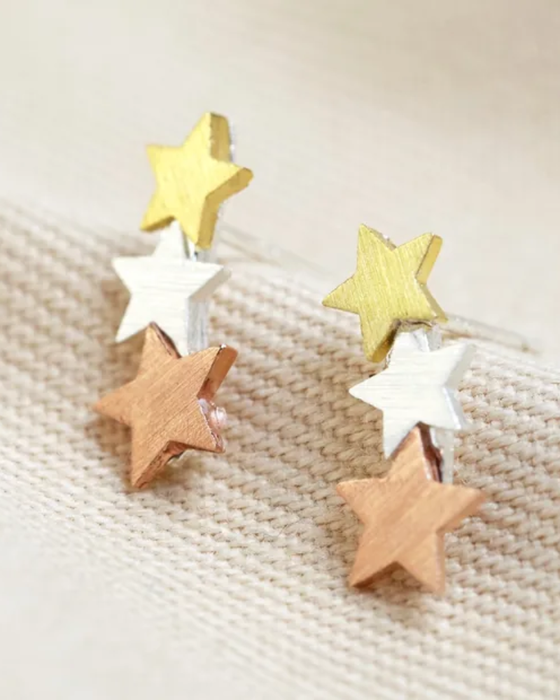 Mixed Metal Triple Star Earrings