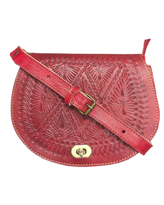 Embossed Leather Saddle Bag in Red