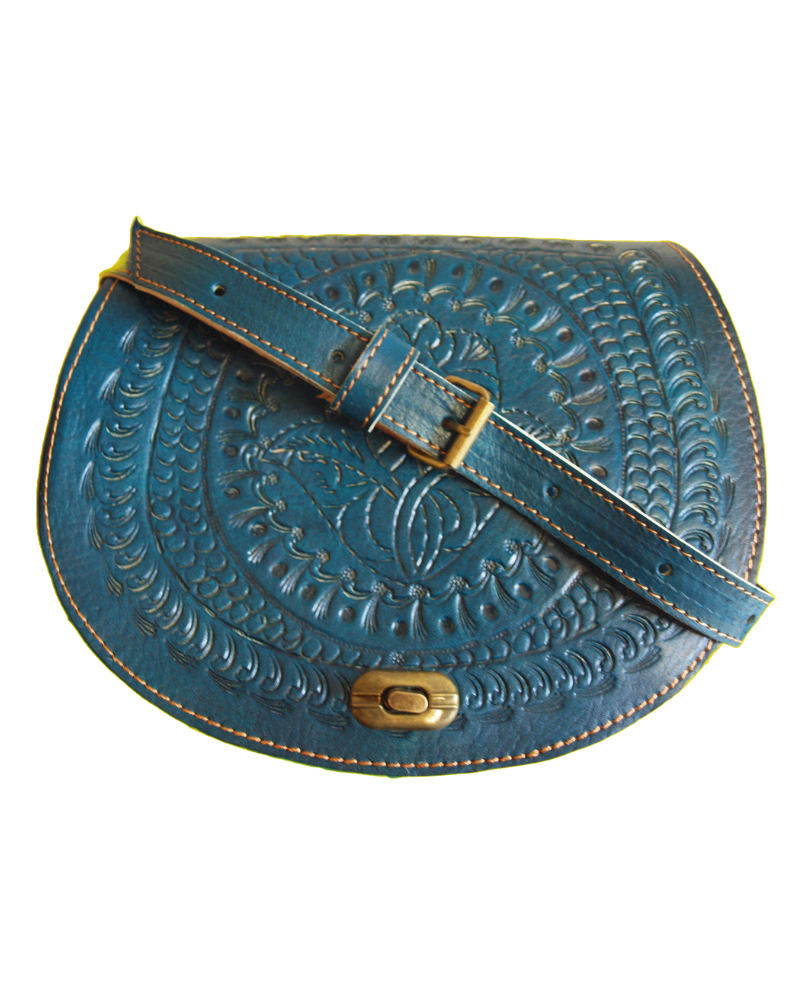 Embossed Leather Saddle Bag in Teal