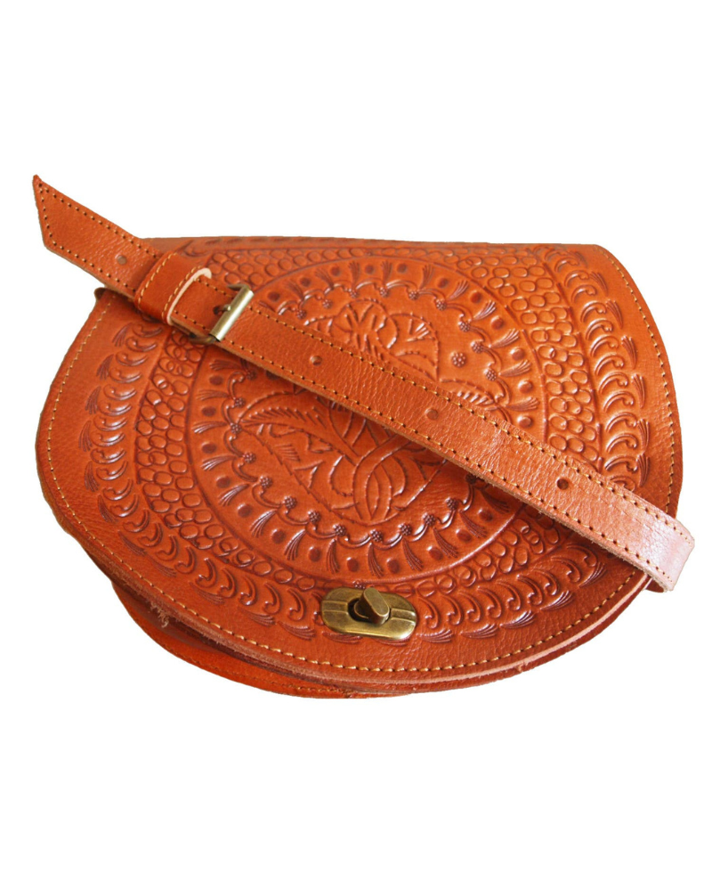 Embossed Leather Saddle Bag In Tan
