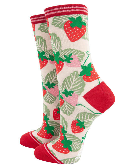 Strawberry Print Bamboo Crew Socks
