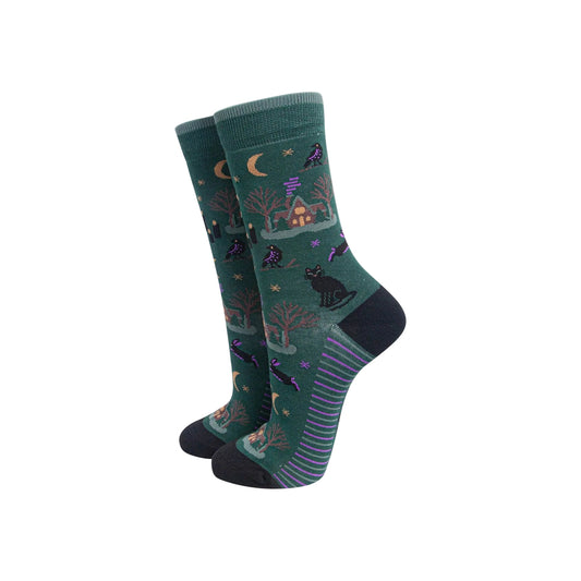 Witchy Cabin Bamboo Socks in Forest Green