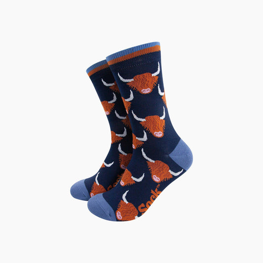 Highland Cow Bamboo Socks in Navy Blue