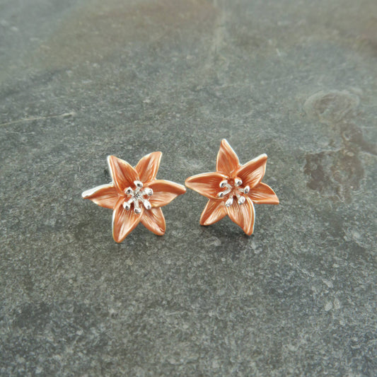 Orange Tiger Lily Flower Stud Earrings
