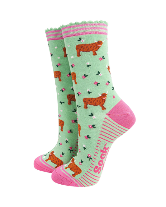Highland Cow Floral Meadow Bamboo Socks