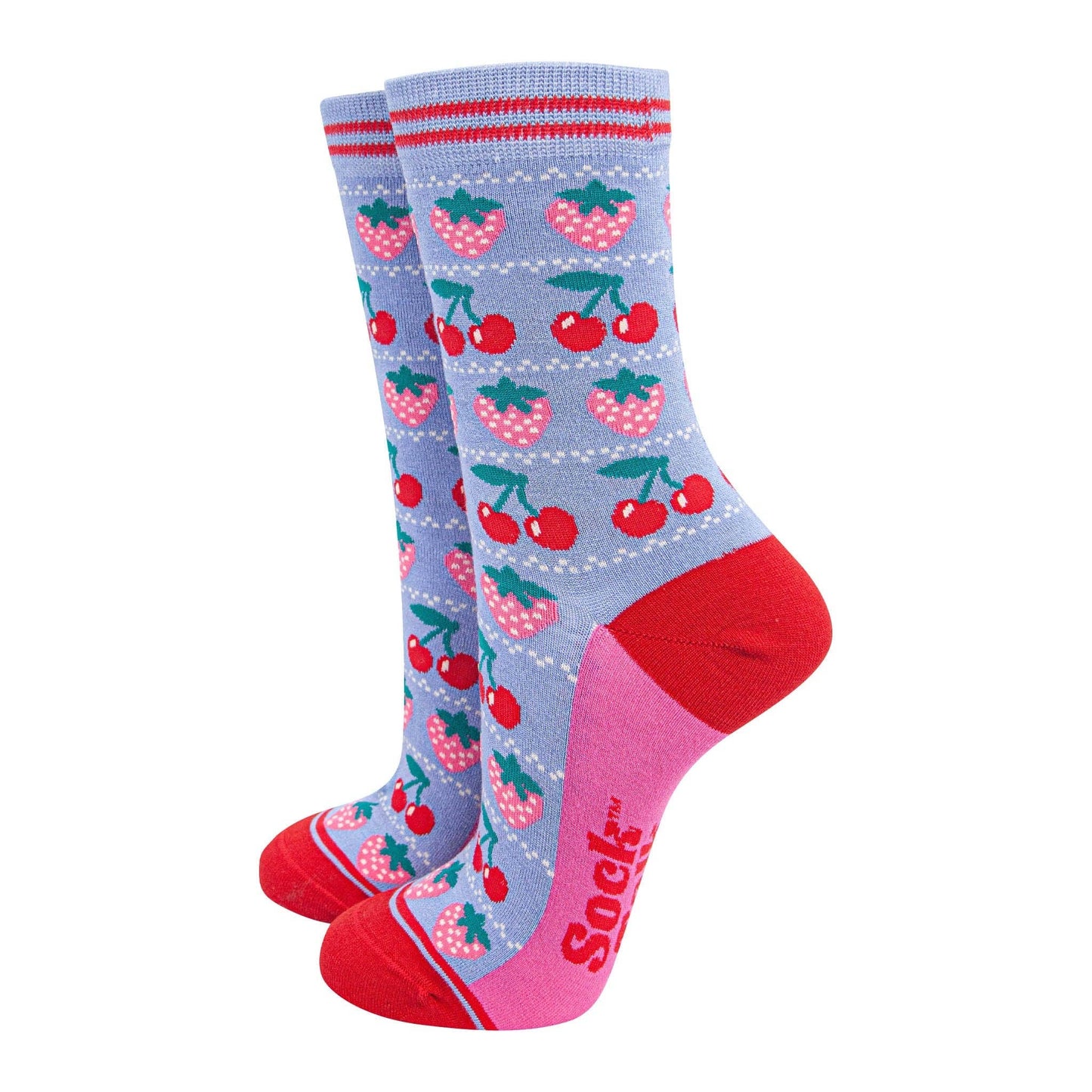 Strawberries & Cherries Bamboo Socks in Light Blue