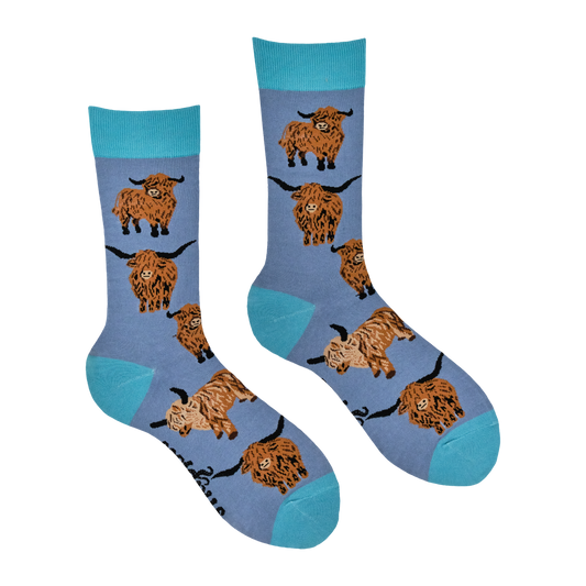 Denim Highland Cow Och Aye the Moo Crew Socks