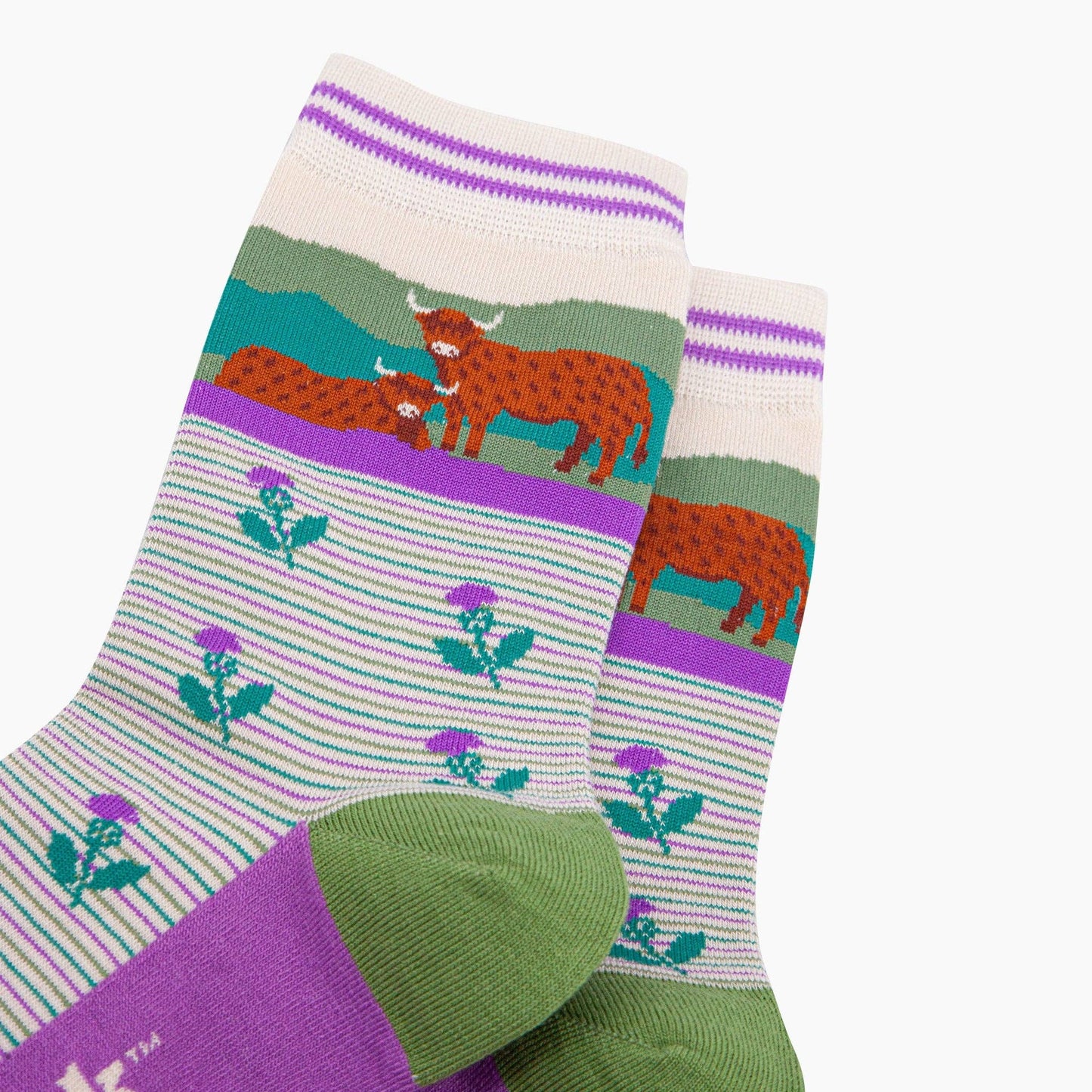 Highland Cow Thistles Striped Bamboo Socks