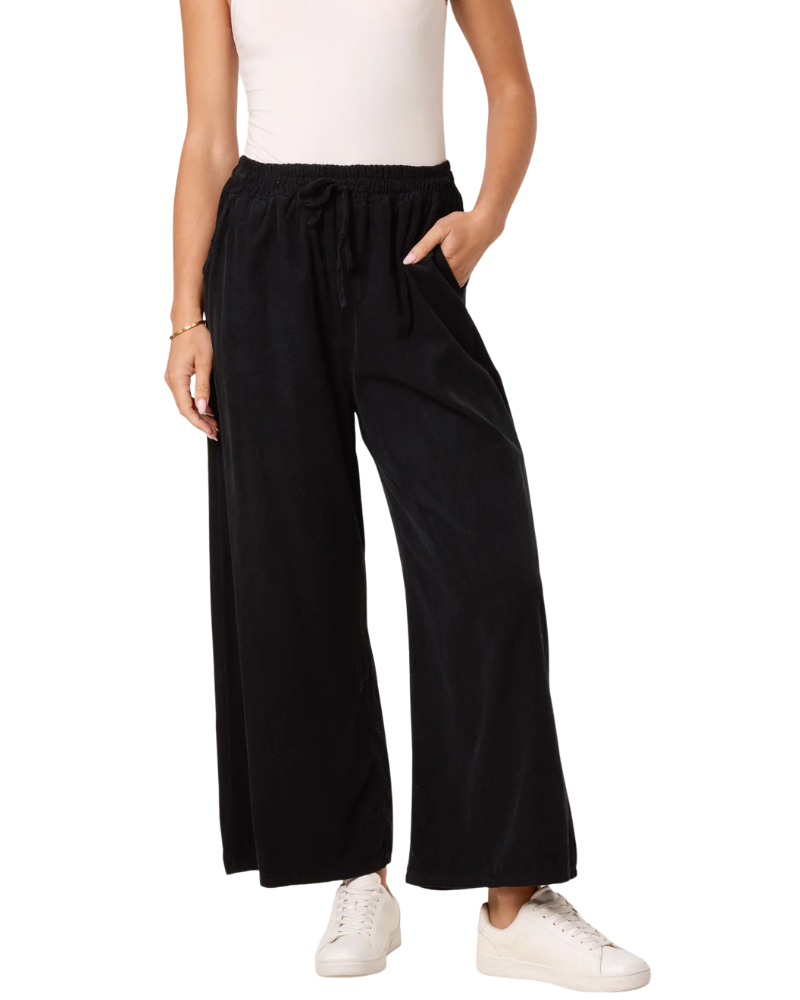 Pure Cotton Velvet Feel Wide Leg Trouser in Black