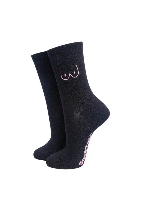 Boobs Combed Cotton Glitter Embroidered Socks in Black