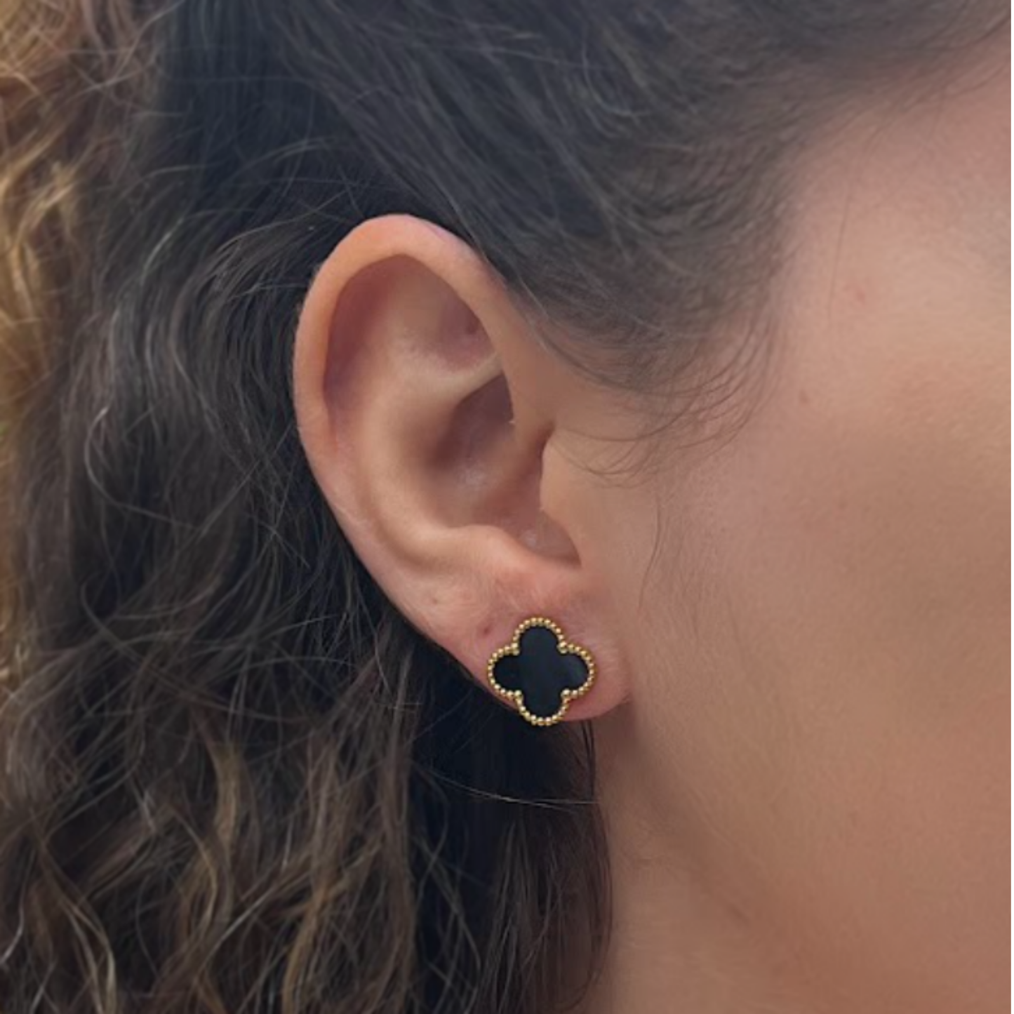 Black Four Leaf Clover Stud Earrings 18K Gold Plated