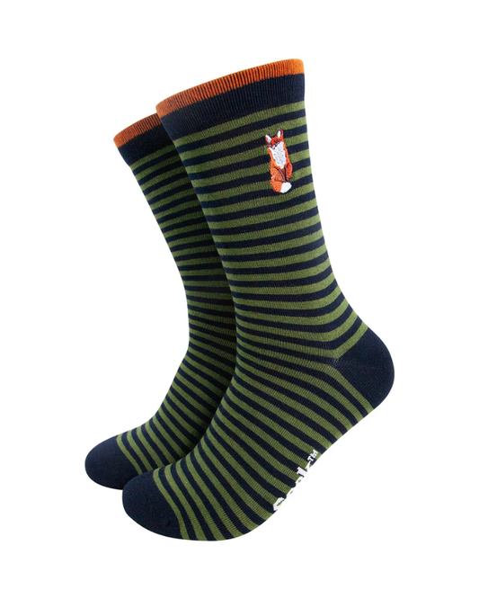 Embroidered Fox Striped Combed Cotton Socks