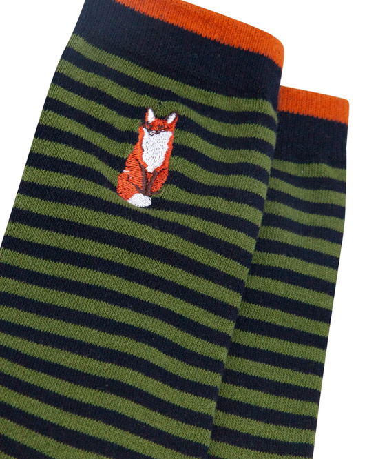 Embroidered Fox Striped Combed Cotton Socks