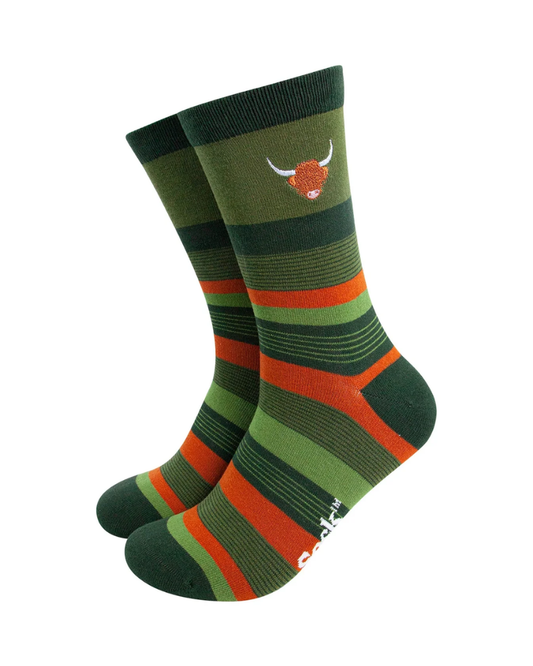 Embroidered Highland Cow Striped Combed Cotton Socks