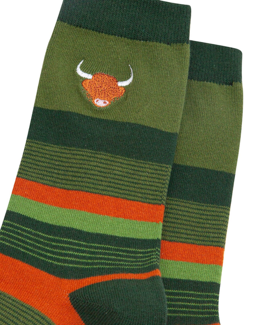 Embroidered Highland Cow Striped Combed Cotton Socks