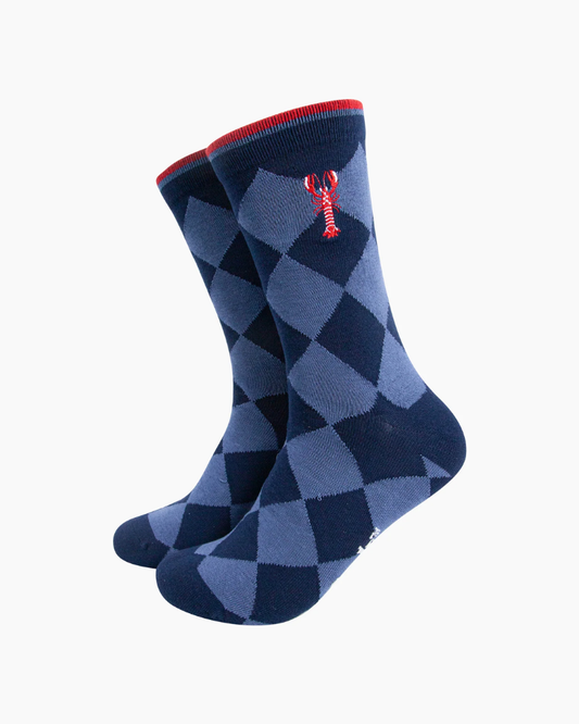 Embroidered Lobster Argyle Combed Cotton Socks in Blue