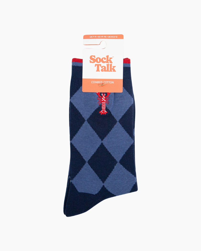 Embroidered Lobster Argyle Combed Cotton Socks in Blue