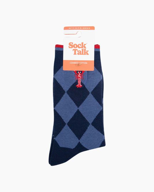 Embroidered Lobster Argyle Combed Cotton Socks in Blue