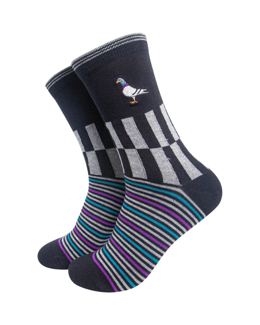 Embroidered George Square Pigeon Striped Combed Cotton Socks